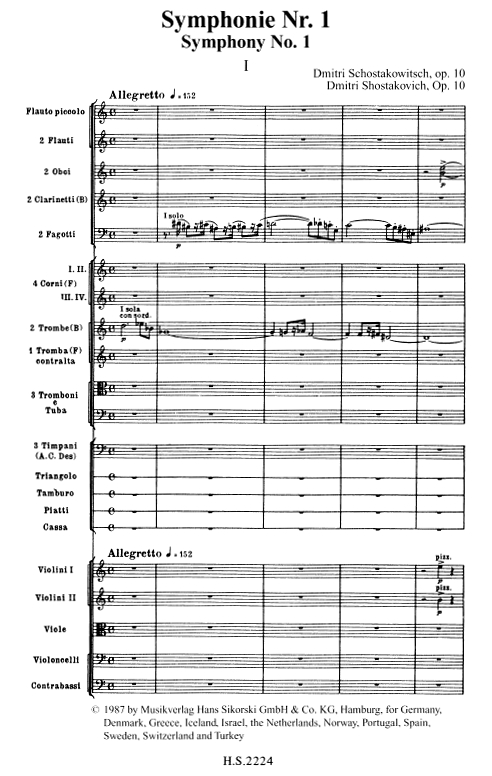Schostakowitsch Symphonie Nr.1 ab Anfang - &copy; MUSIKVERLAG HANS SIKORSKI GmbH & Co. KG, Hamburg - Abdruck mit frdl. Genehmigung